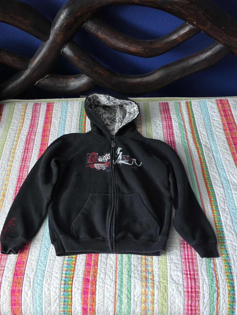 Boys Quiksilver Black Zip-Up Hoodie with Patterned Hood Lining